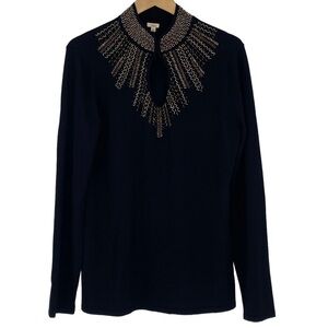 Reba beautiful metallic beaded keyhole mock neck black LS sweater top, Large
